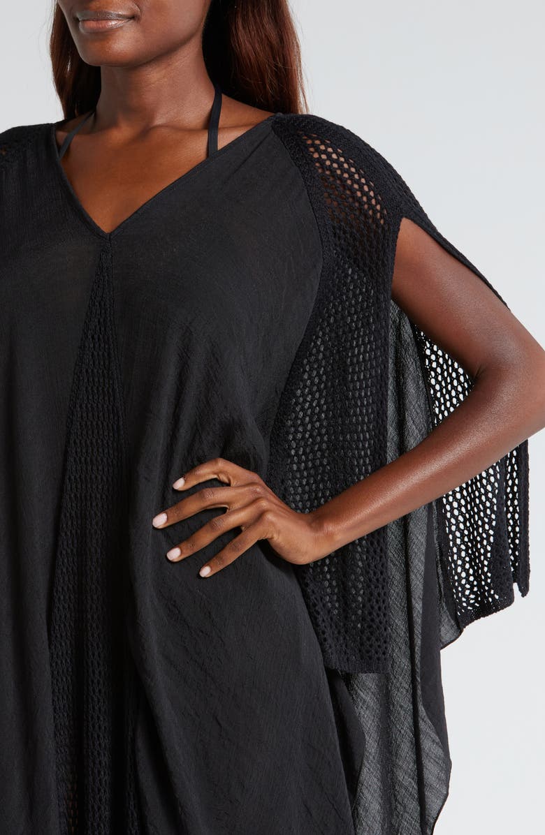 Elan Open Stitch Detail Cover-Up Caftan Dress, Alternate, color, Black