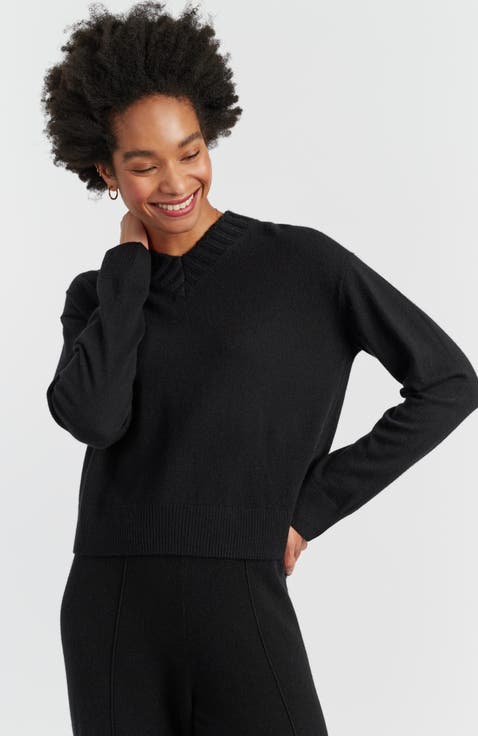 Wool-Cashmere Ribbed V-neck Sweater