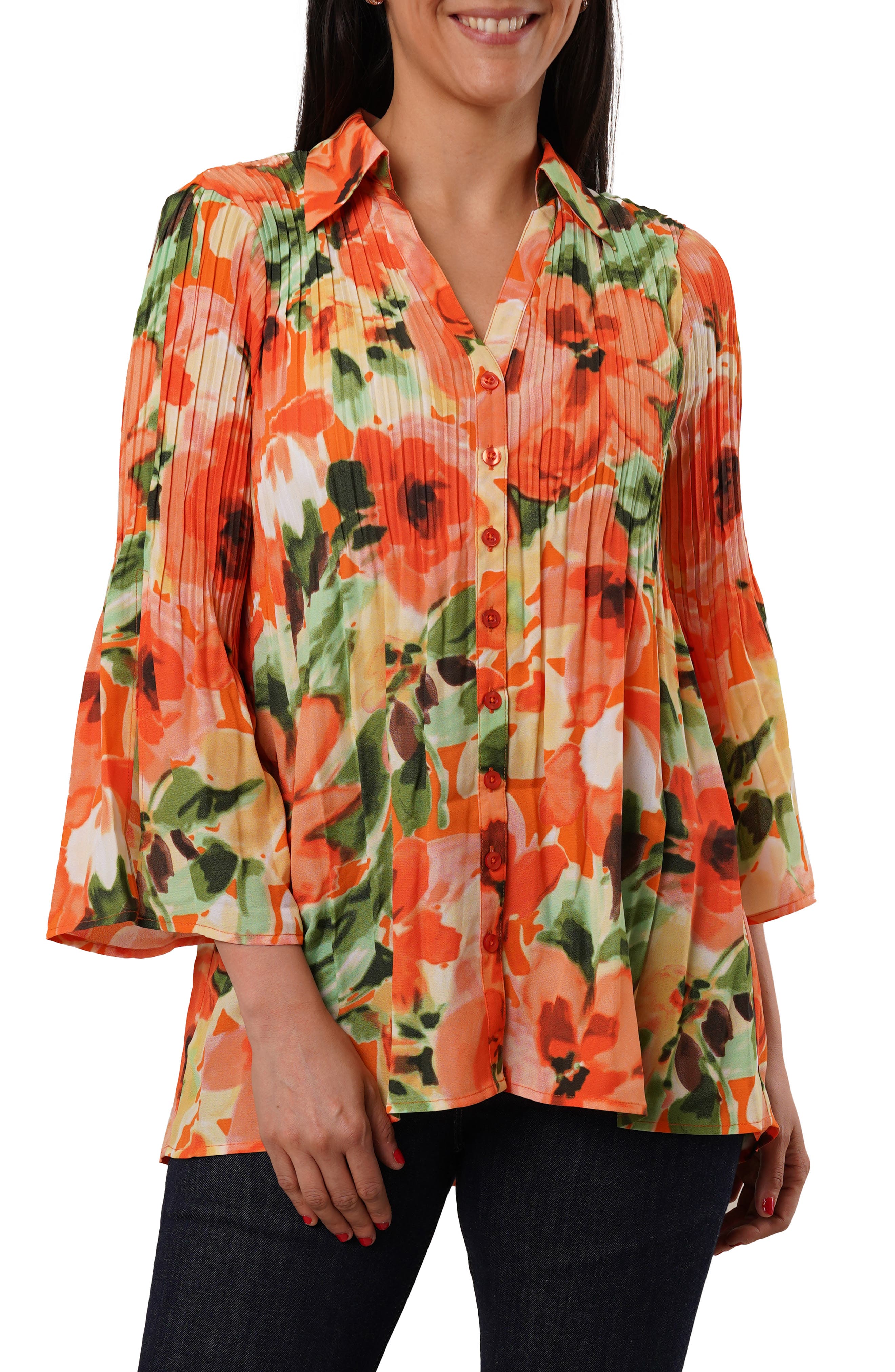 Pleated Button-Up Shirt