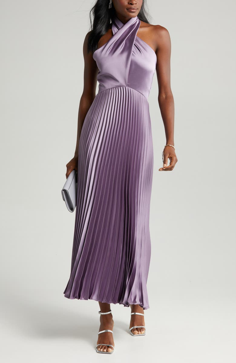 Amsale Pleat Halter Satin Gown, Main, color,