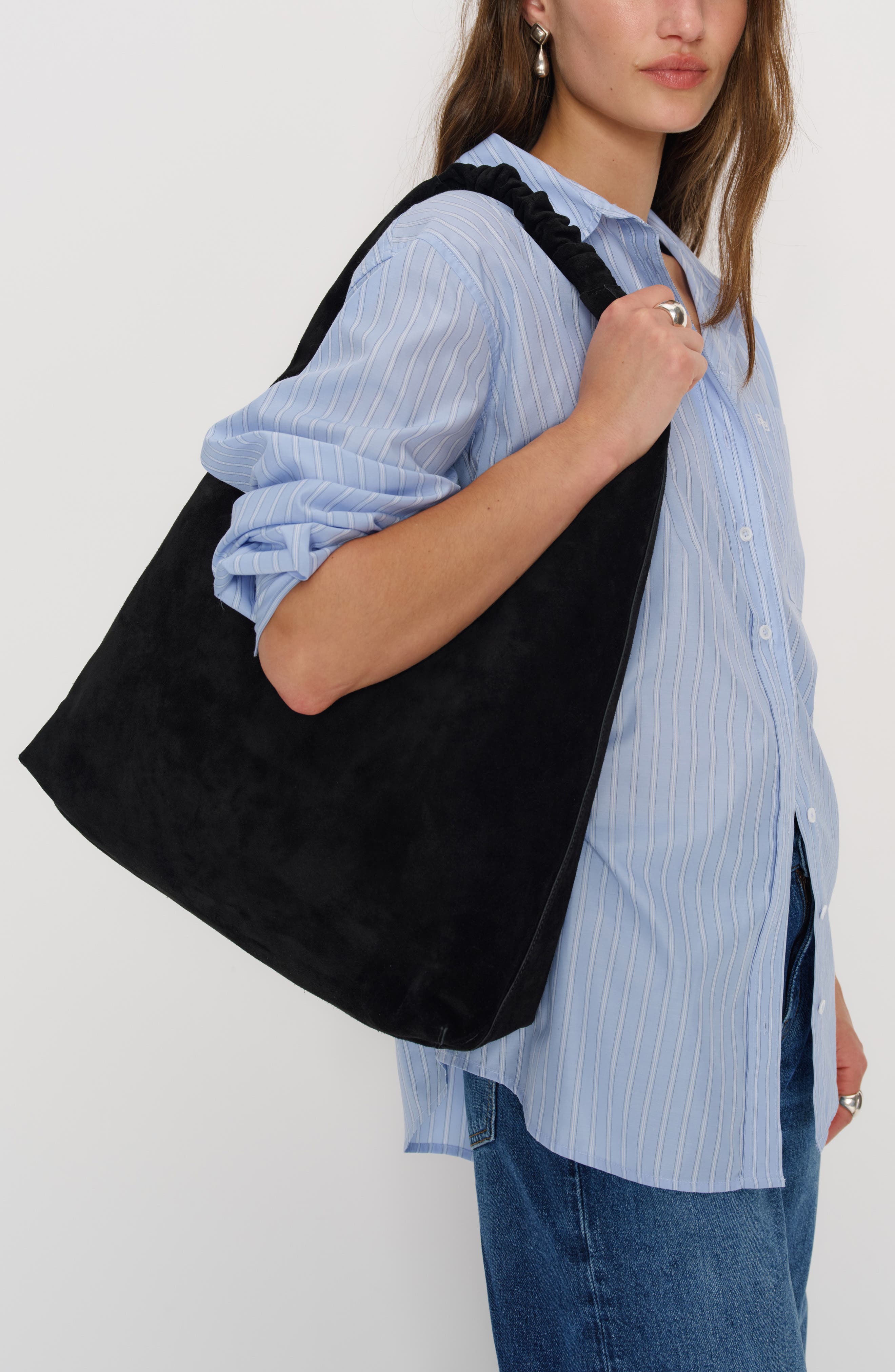 Reformation Willow Tote Bag, Alternate, color, Black Suede