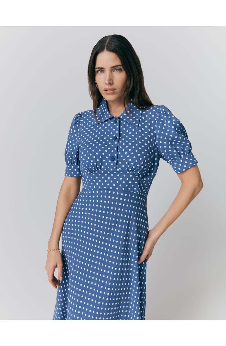 Ghost London Wilma Crepe Polka Dot Midi Tea Dress, Alternate, color, Navy Spot