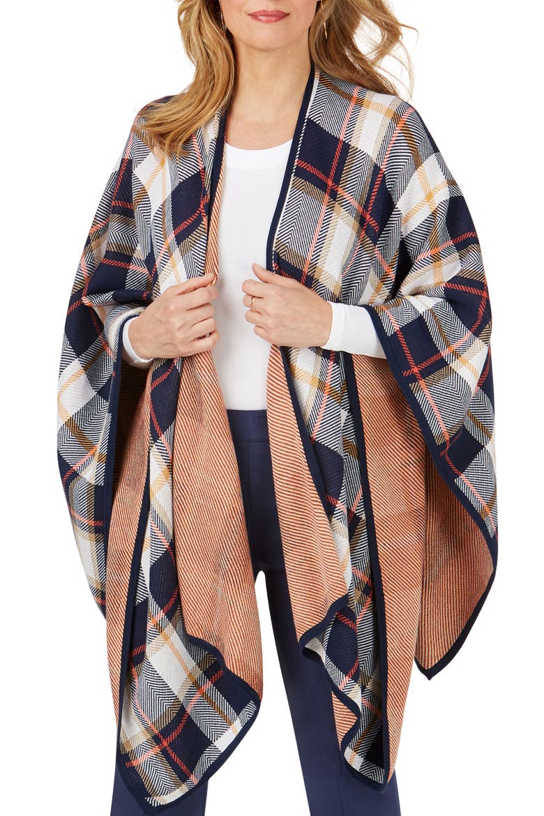 Walker Autumn Plaid Ruana, Main, color, NAVY