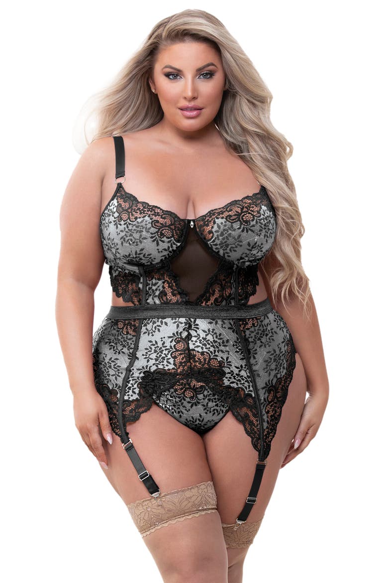 Lace Basque & Thong Set, Alternate, color, BLACK
