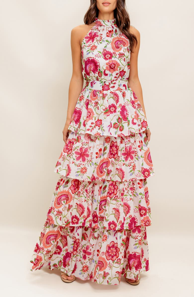 FLYING TOMATO Floral Print Halter Neck Maxi Dress, Alternate, color, Ivory Red