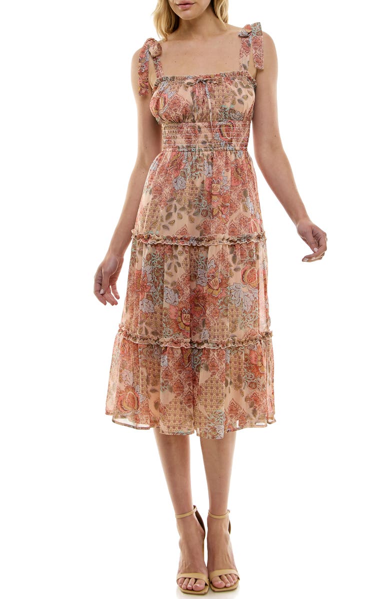 Row A Floral Smocked Tie Strap Midi Dress, Main, color, 