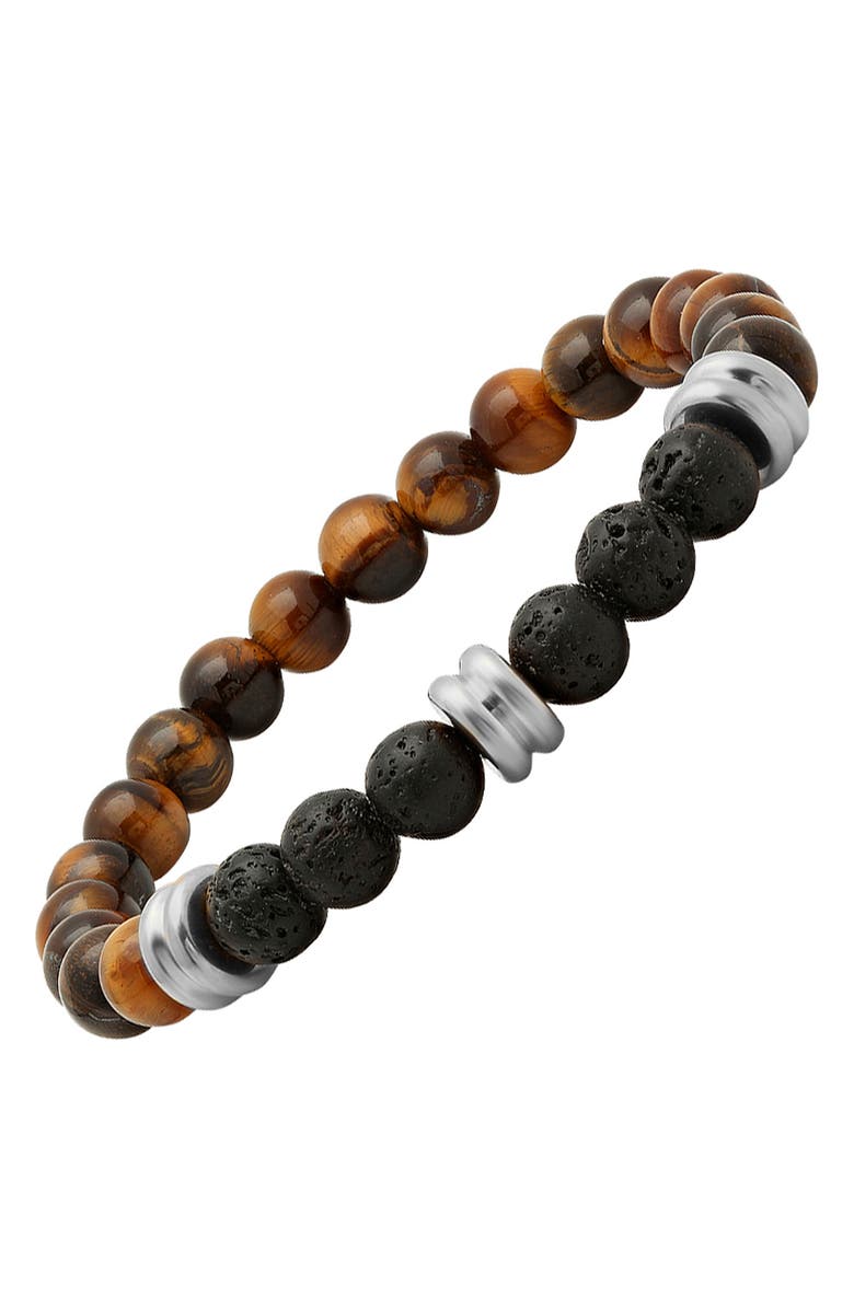 HMY JEWELRY Men's 18K Gold Plate Tiger's Eye & Black Lava Bead Bracelet, Alternate, color, Metallic