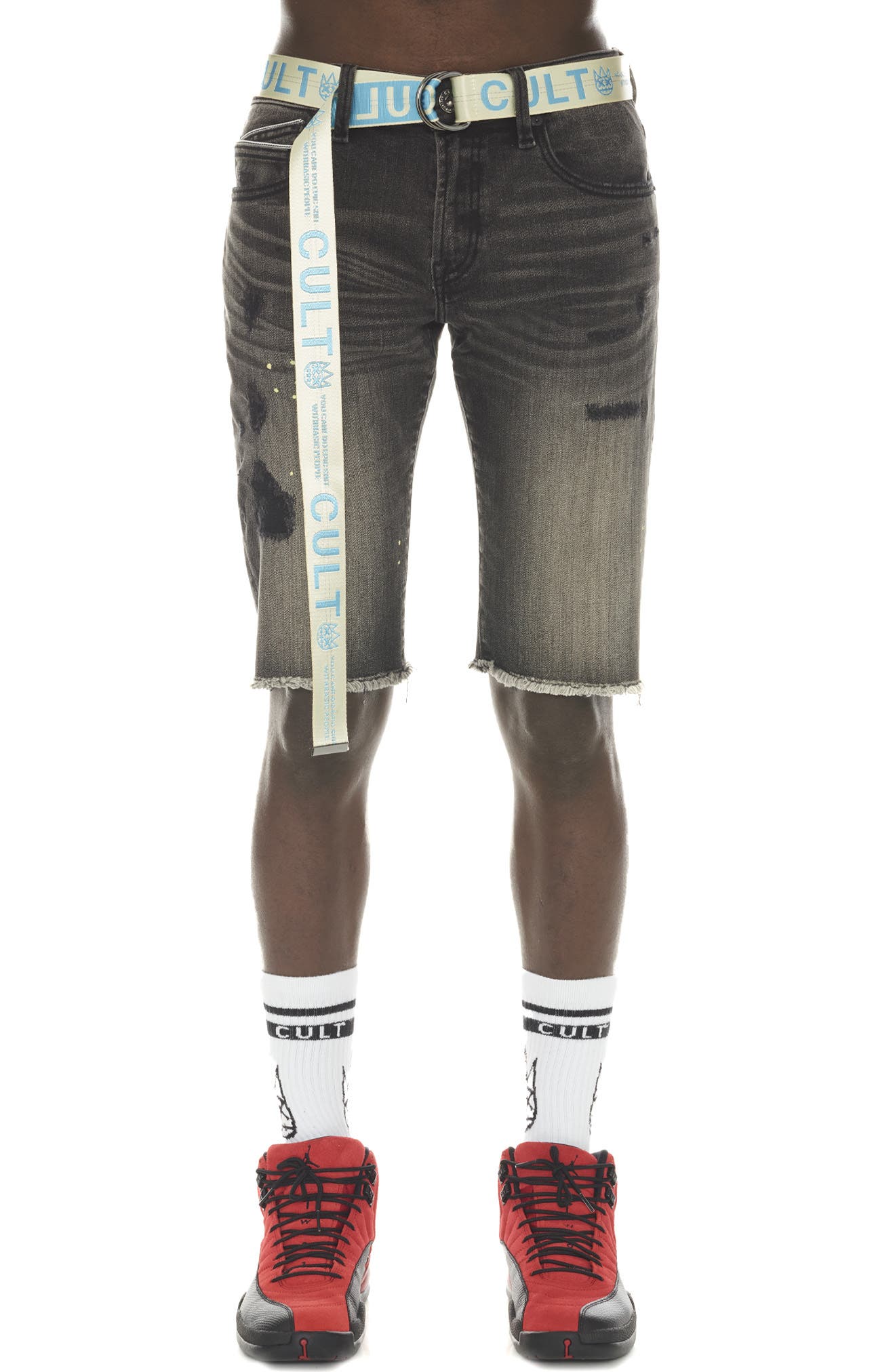 Cult of Individuality Rocker Belted Slim Fit Stretch Denim Shorts