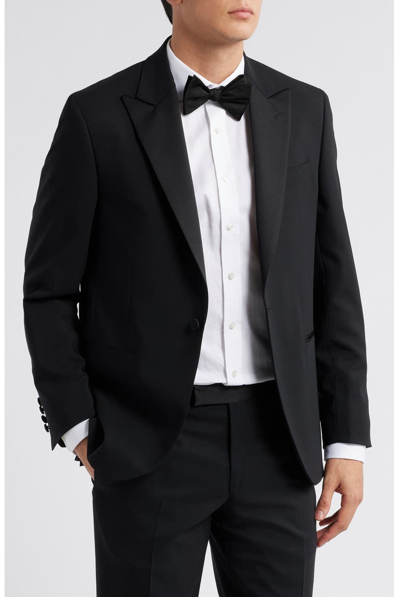 Elwood Contemporary Fit Black Wool Peak Lapel Tuxedo, Alternate, color, BLACK