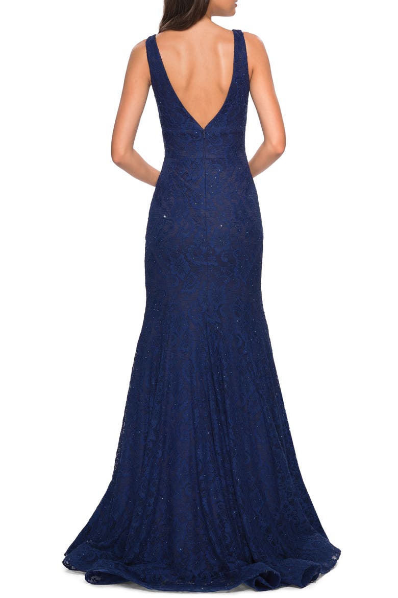 Plunge Neck Sparkle Lace Mermaid Gown, Alternate, color, NAVY