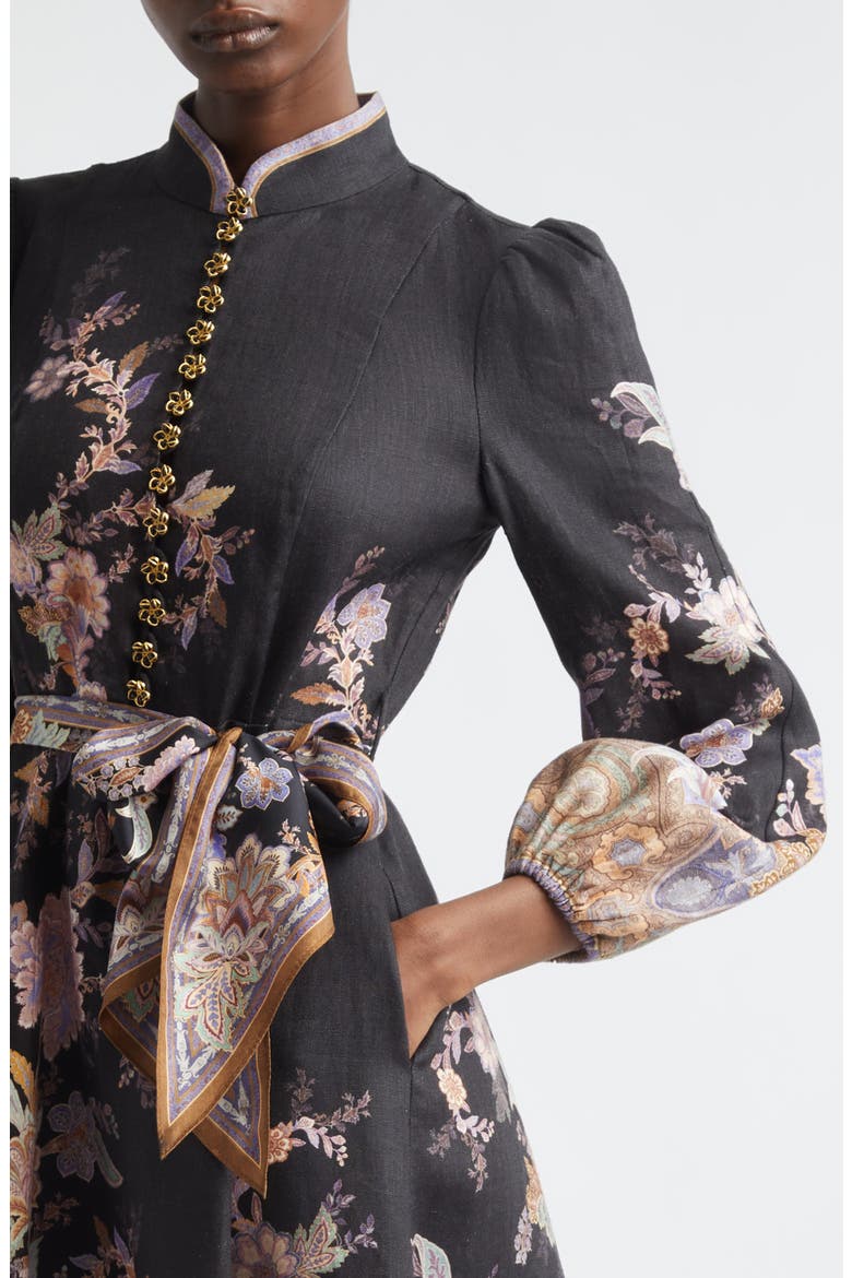 Luna Paisley Print Long Sleeve Linen Midi Dress, Alternate, color, MIDNIGHT PAISLEY