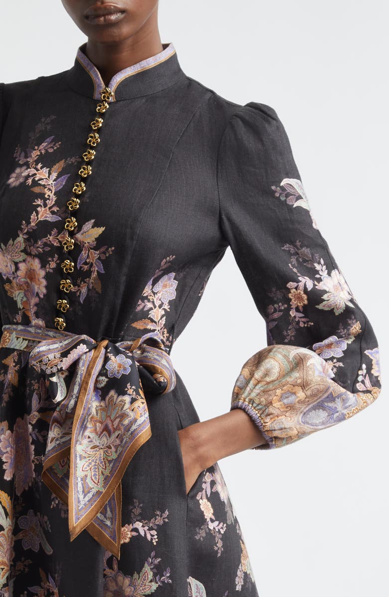 Zimmermann Luna Paisley Print Long Sleeve Linen Midi Dress, Alternate, color, Midnight Paisley