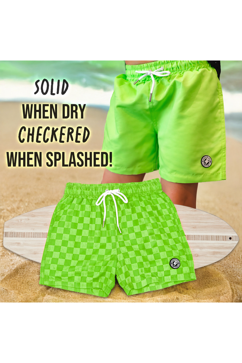 Neon Color Change Checker Swim Trunks, Alternate, color, Neon Green