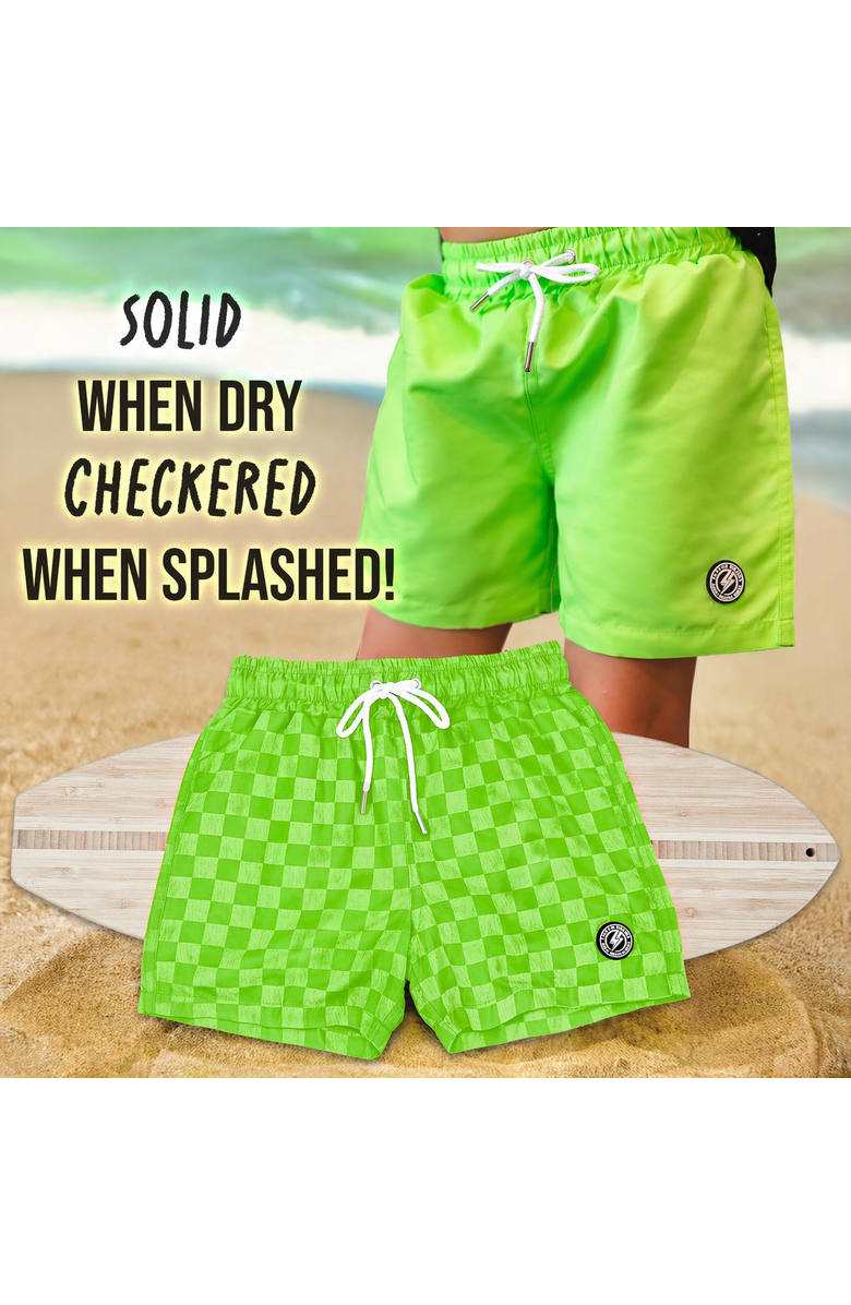 Fletch Neon Color Change Checker Swim Trunks, Alternate, color, Neon Green