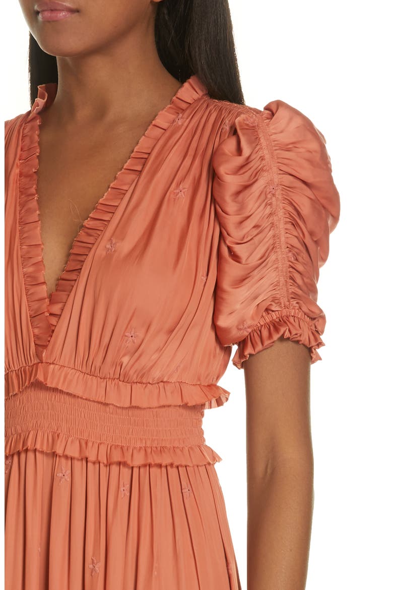 Maya Embroidered Satin Midi Dress, Alternate, color, CORAL