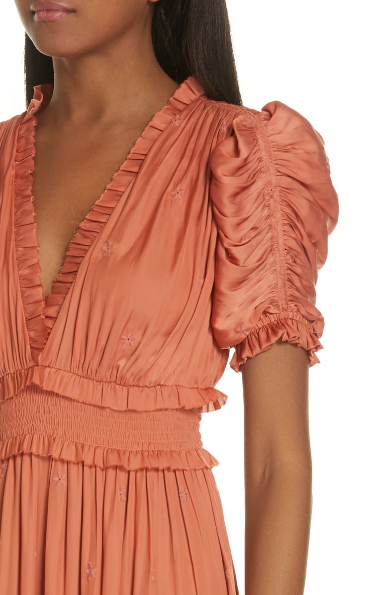 Ulla Johnson Maya Embroidered Satin Midi Dress, Alternate, color,