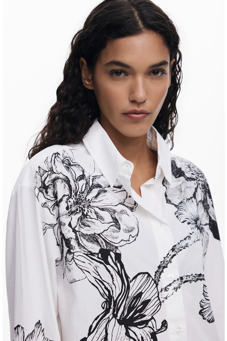Placed Floral Cotton Button-Up Shirt, Alternate, color, WHITE