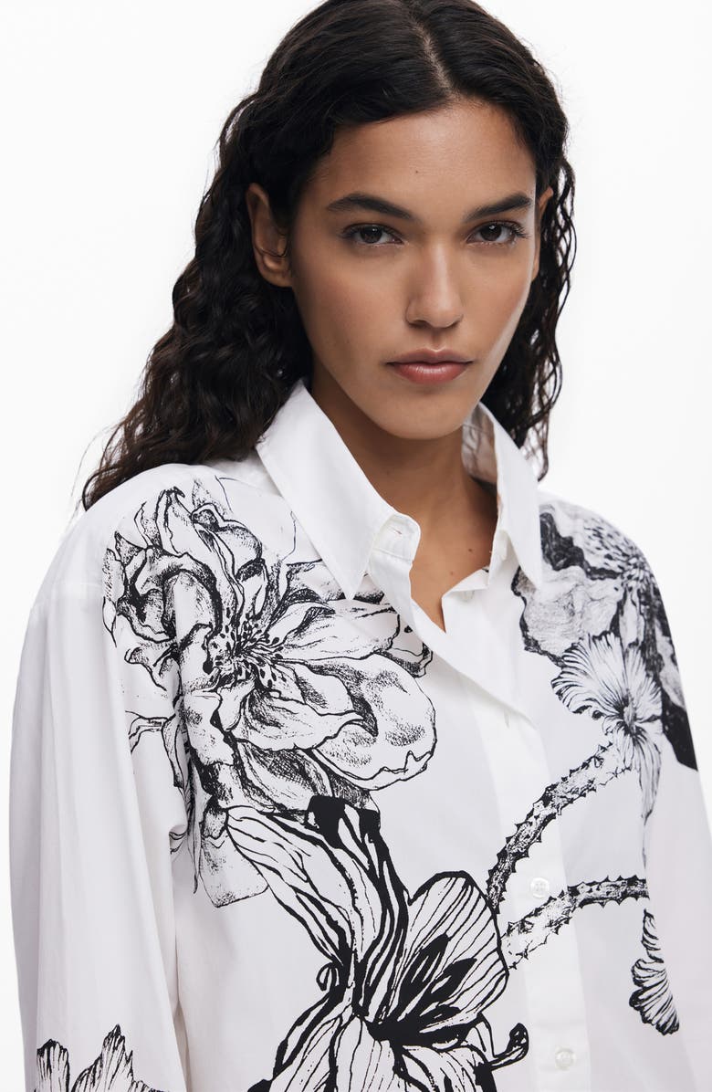 Desigual Placed Floral Cotton Button-Up Shirt, Alternate, color, White