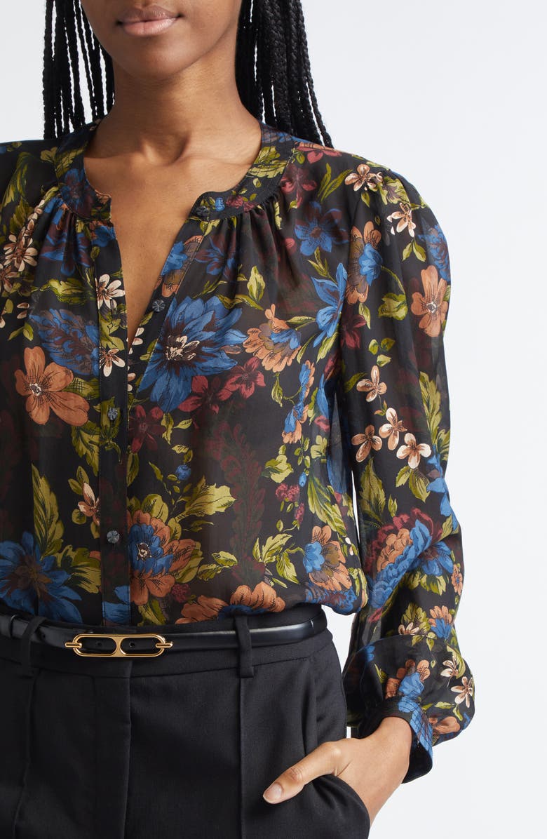 Veronica Beard Ashlynn Floral Pintuck Silk Top, Alternate, color, Black Multi