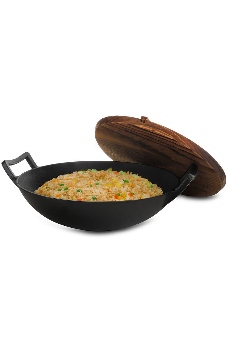 Megachef 2 Piece 14 Inch Heavy Duty Cast Iron Wok with Wood Lid, Main, color, Black