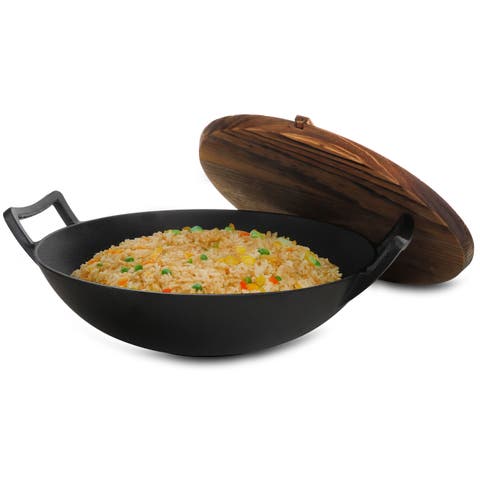 2 Piece 14 Inch Heavy Duty Cast Iron Wok with Wood Lid