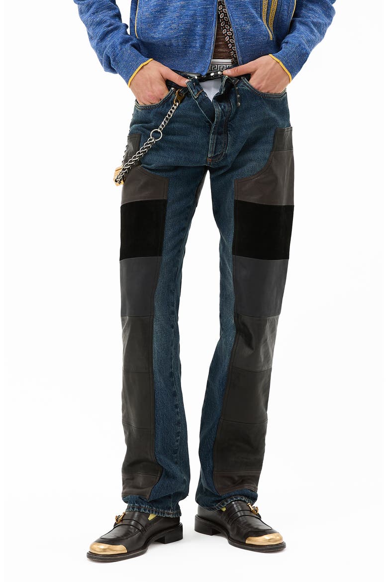 Leather Patchwork Straight Leg Jeans, Main, color, DIRTY BLUE BLACK