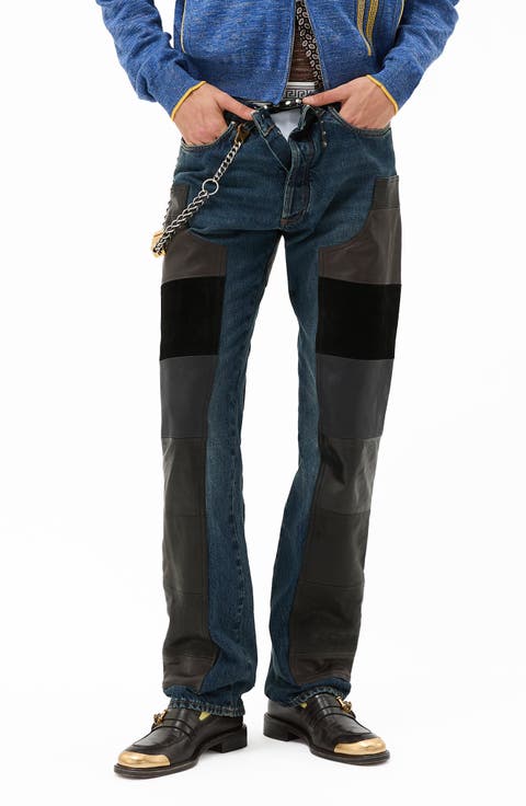 Leather Patchwork Straight Leg Jeans (Dirty Blue Black)