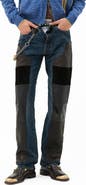 Versace First Line Leather Patchwork Straight Leg Jeans