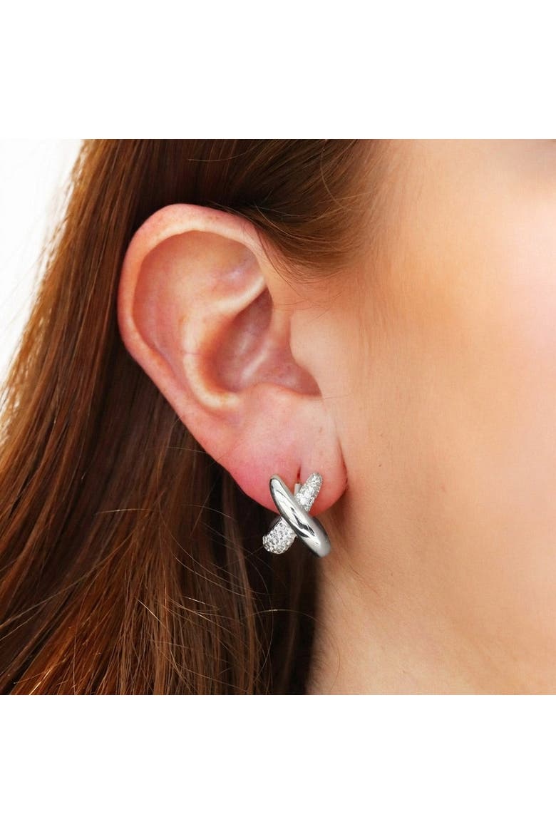 Crossover CZ C-Hoop Earrings, Alternate, color, Sterling Silver