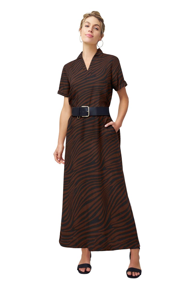 Jessica London Linen Short Sleeve Maxi Dress, Main, color, Rich Brown Zebra