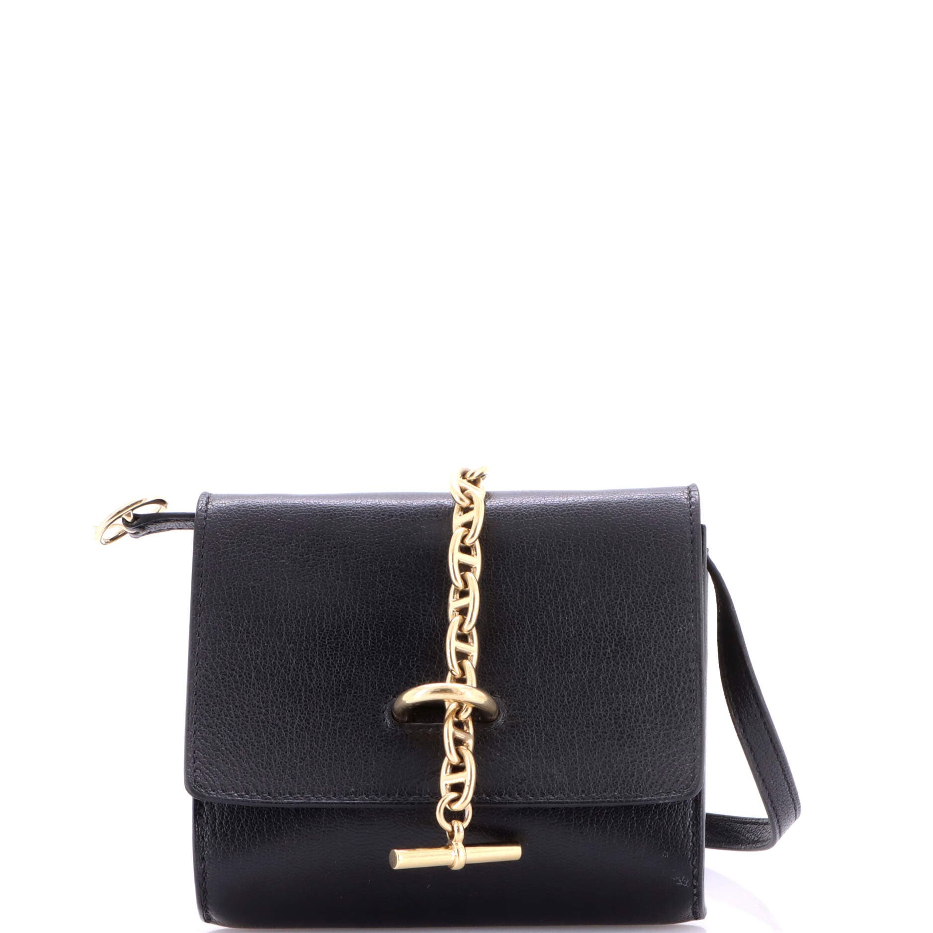 Pre-Owned Hermes Chaine d'Ancre Compact Wallet on Strap Chevre Mysore, Main, color, Noir