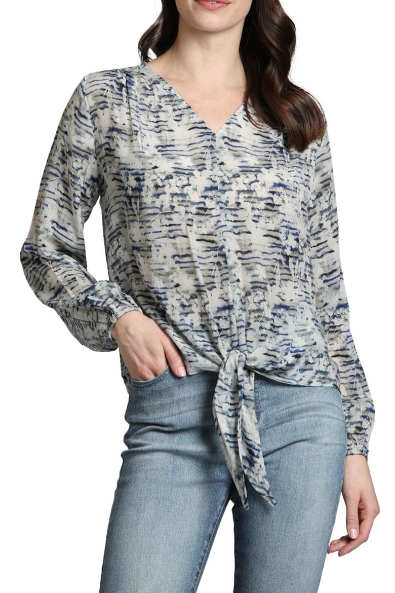 Print Tie Front Top, Main, color, GREY MULTI
