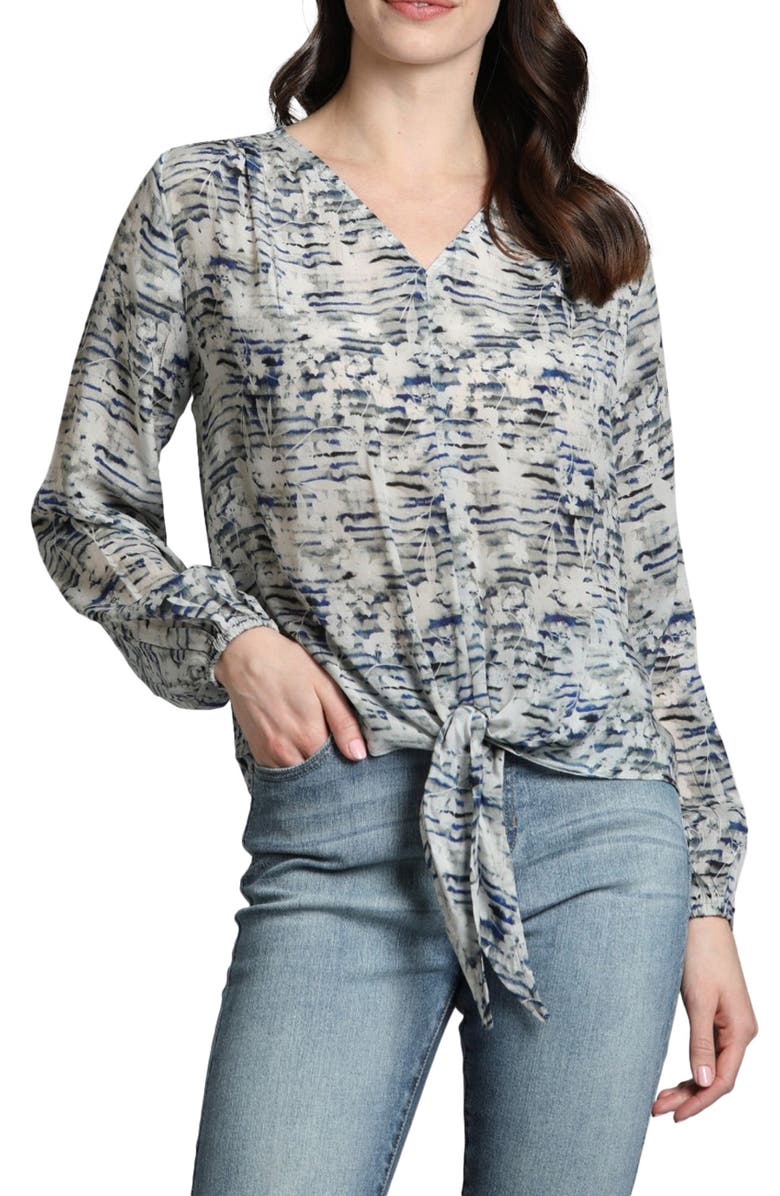 APNY Print Tie Front Top, Main, color, Grey Multi