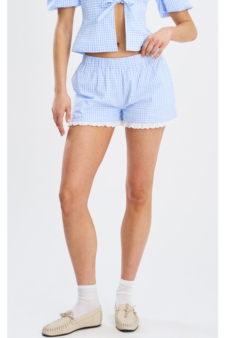 Qutayyla Gingham Lace Trim Shorts, Main, color, Baby Blue