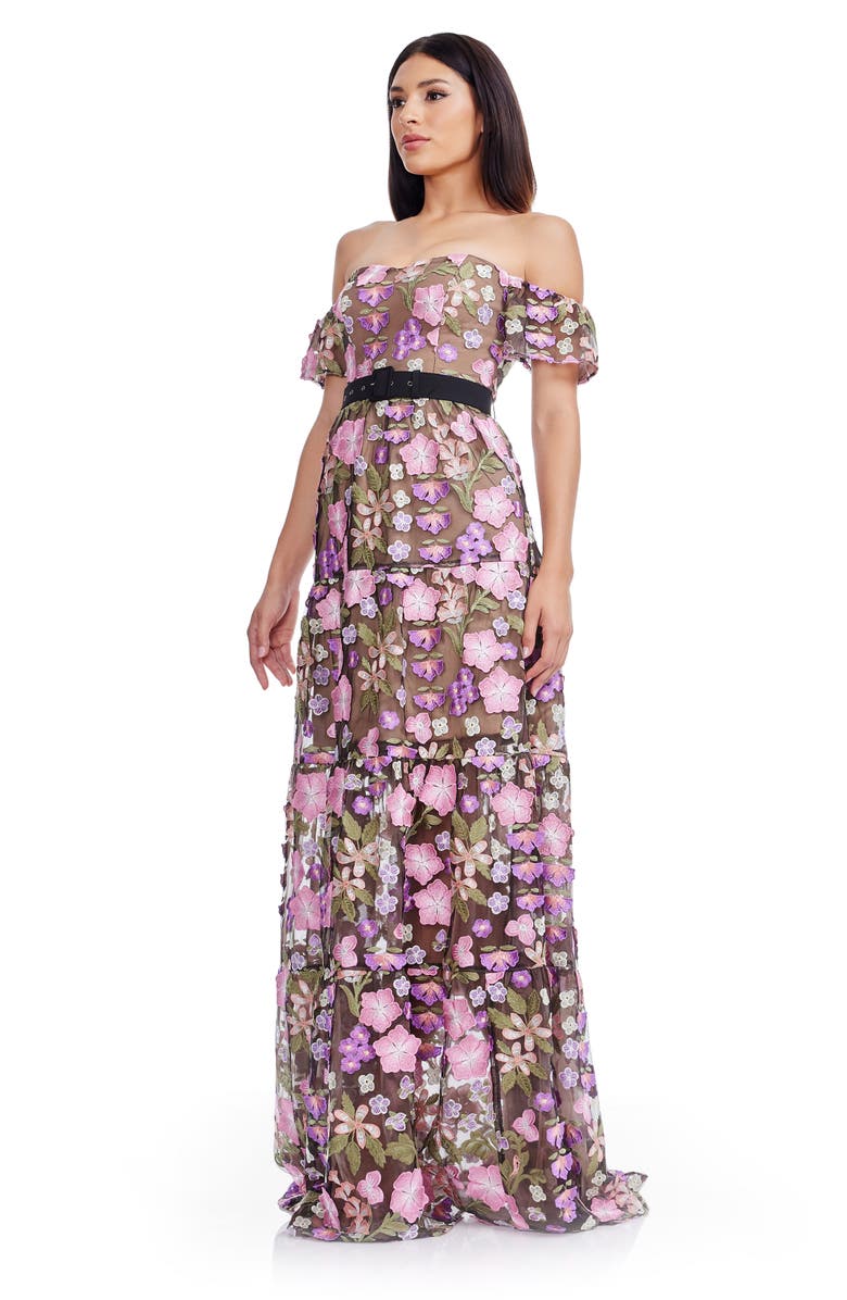 Dress the Population Lara Floral Embroidered Off the Shoulder Gown, Alternate, color, Black Multi