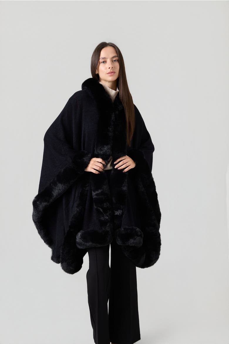 Hodded Faux Fur Long Cape, Main, color, Black