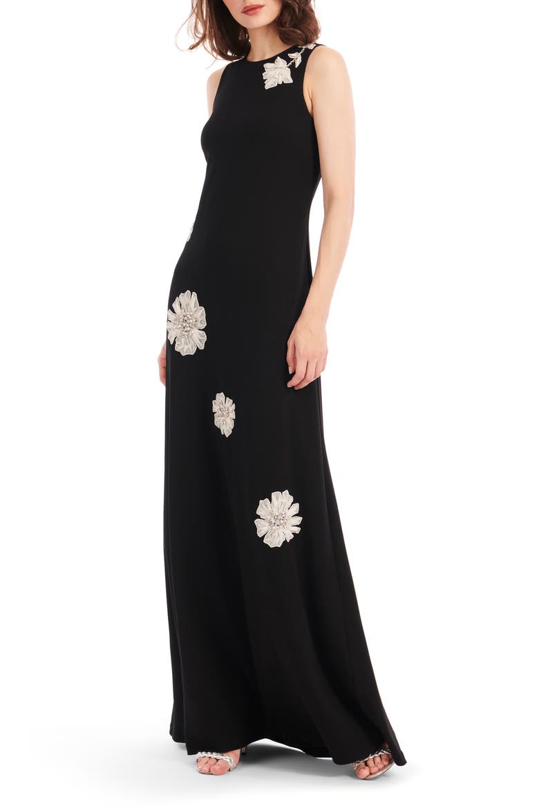 Floral Appliqué Embellished Crepe Gown, Alternate, color, BLACK