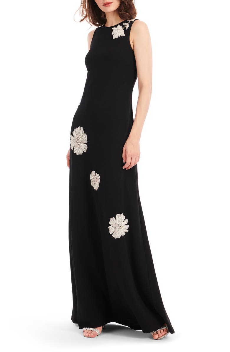 EMILY SHALANT Floral Appliqué Embellished Crepe Gown, Alternate, color, Black