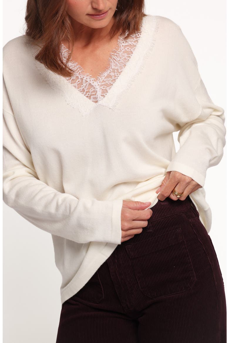 Brookes Lace V Neck Sweater, Alternate, color, IVORY