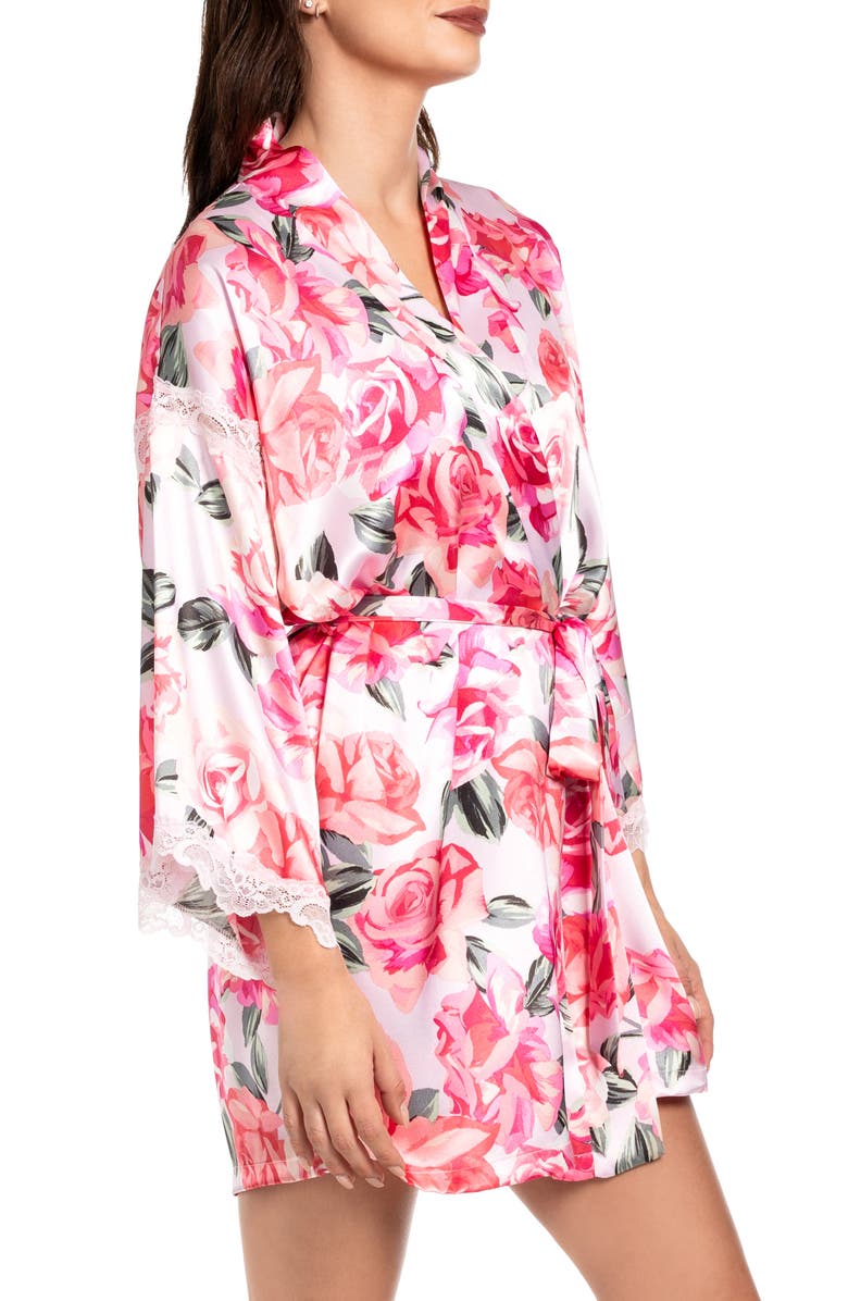 In Bloom by Jonquil Ella Floral Lace Trim Satin Robe, Alternate, color, 