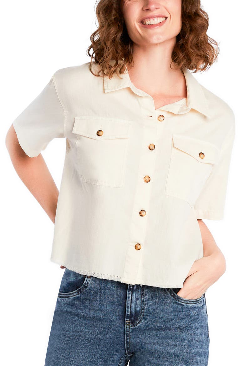 Emily Frayed Short Sleeve Denim Button-Up Shirt, Alternate, color, EGGSHELL