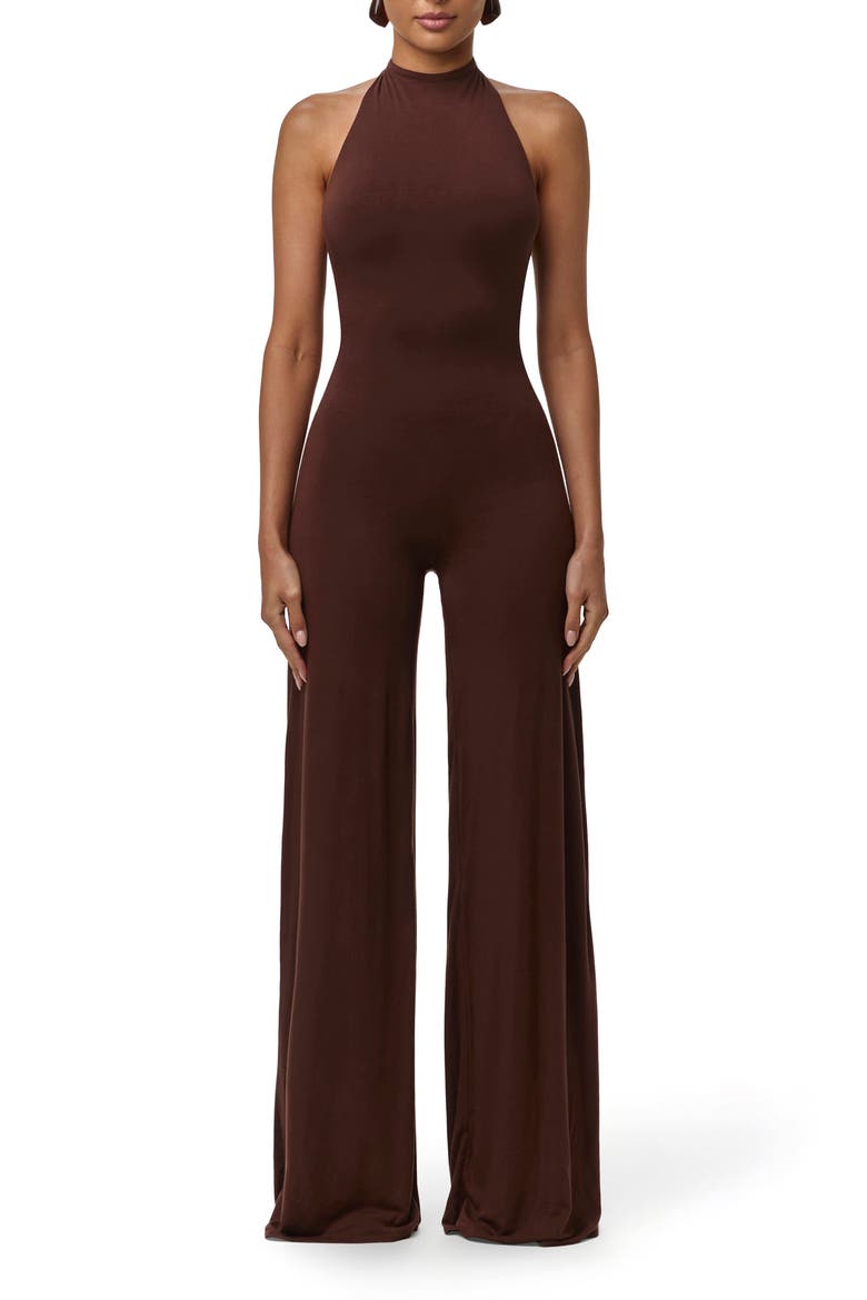 Smooth Halter Wide Leg Jumpsuit, Main, color, CHOCOLATE
