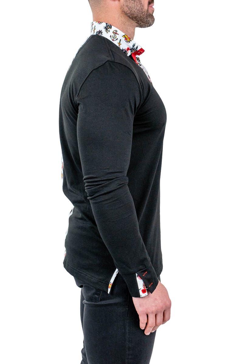 Maceoo Newton Solid Tattoo Print Accent Long Sleeve Cotton Polo, Alternate, color, 