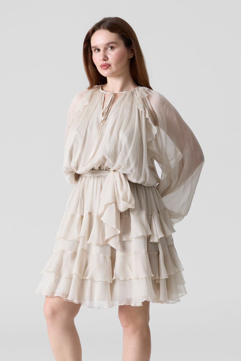 Silk Chiffon Tie Belt Short Dress, Alternate, color, Light Beige