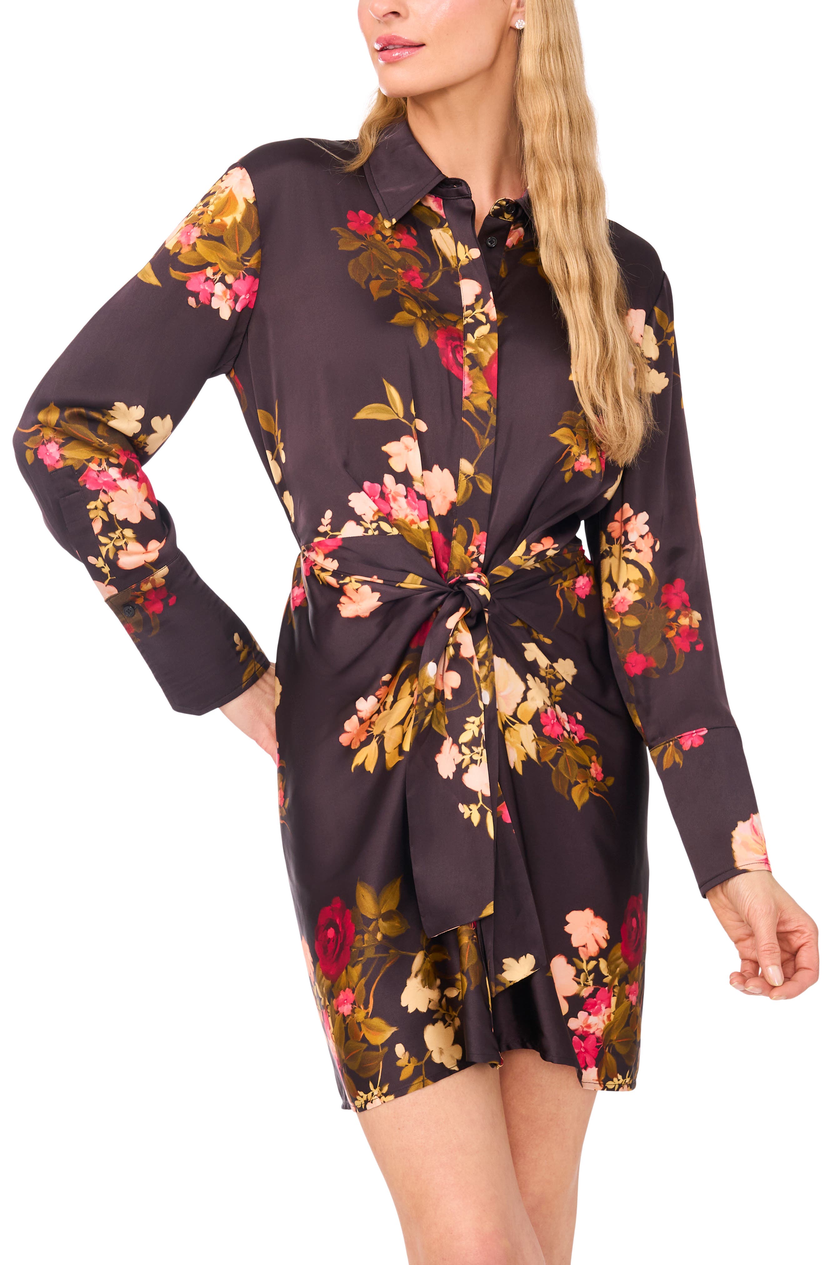 Ted Baker Laurel Floral Long Sleeve Shirtdress In Black