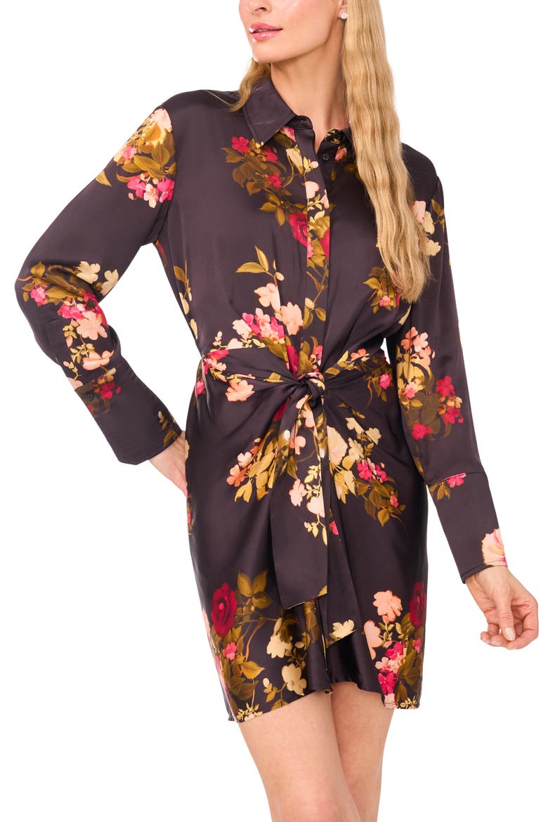 Laurel Floral Long Sleeve Shirtdress, Main, color, RICH BLACK