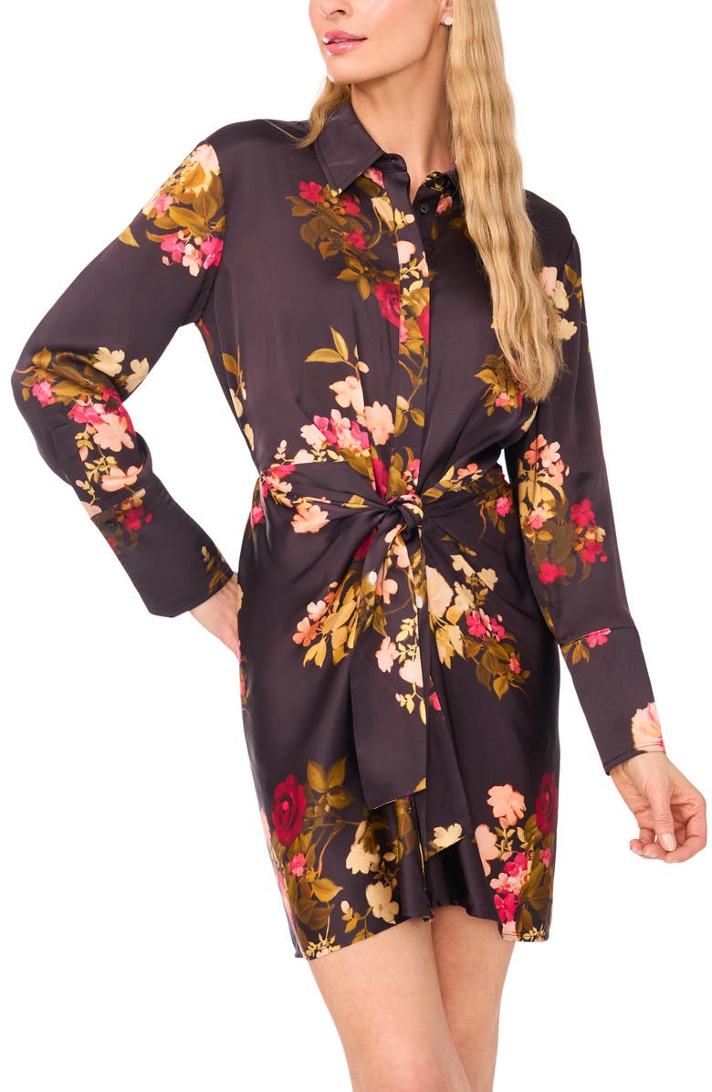 Ted Baker Laurel Floral Long Sleeve Shirtdress, Main, color, Rich Black
