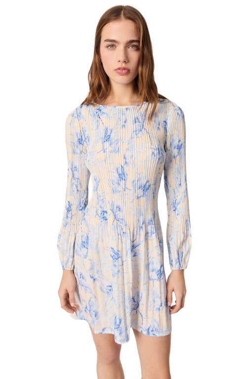 Maje Womens Floral-print Long-sleeve Pleated Woven Mini Dress Bleus In Blue Flower Print Ecru Base