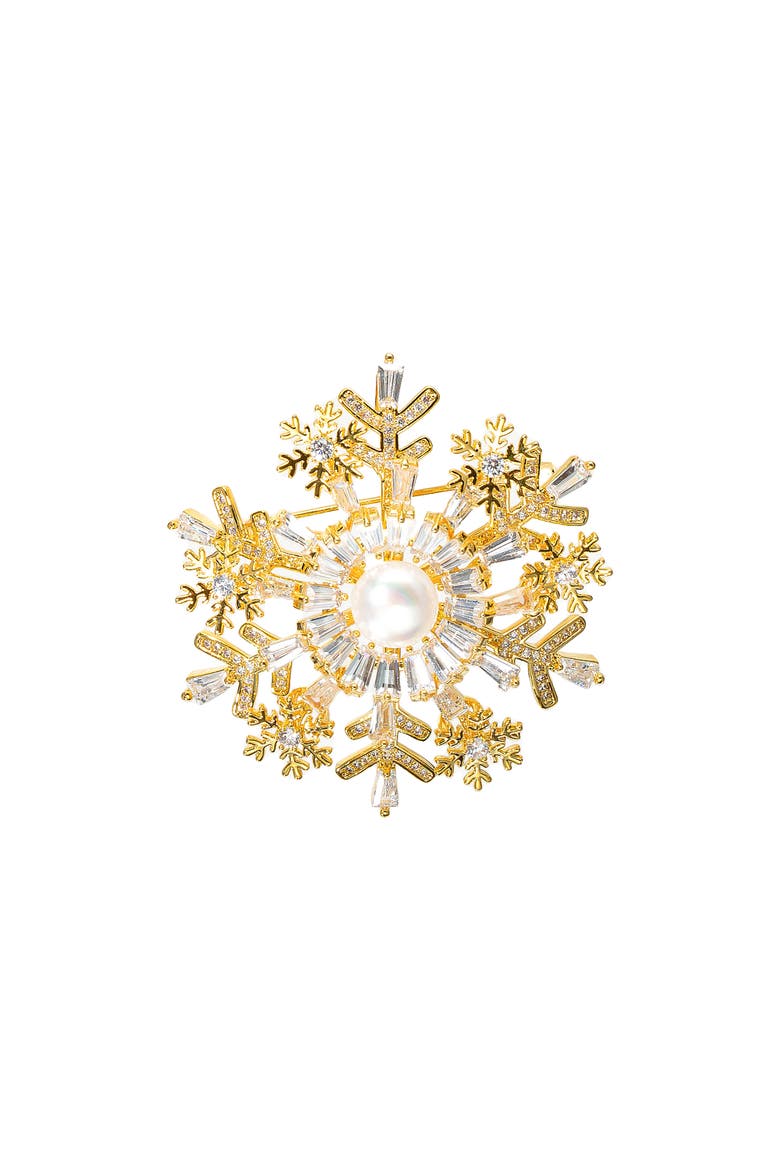Pavé Cubic Zirconia and Freshwater Pearl Snowflake Multi Way Brooch Pendant, Main, color, Gold