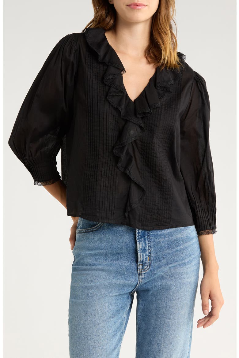 Mare Ruffle Cotton Button-Up Top, Main, color, BLACK